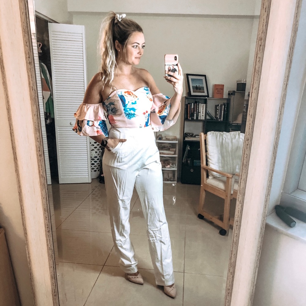 Floral and White Double Lined Jumpsuit Size Medium
